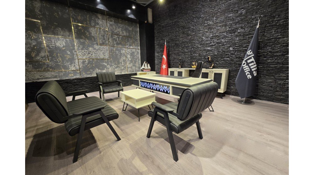 Tilia Benay modern yönetici ofis paketi; LED ışıklı suntalam masa takımı, KNY makam koltuğu ve Lazer bekleme grubu dahil.